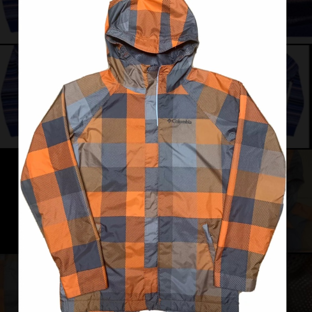 Columbia Youth Size Medium (10/12) Orange Black Gray Plaid Windbreaker